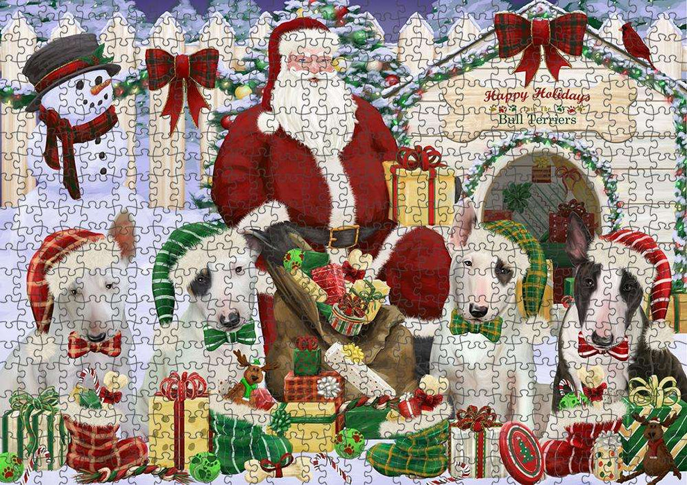 Happy Holidays Christmas Bull Terriers Dog House Gathering Puzzle with Photo Tin PUZL57723