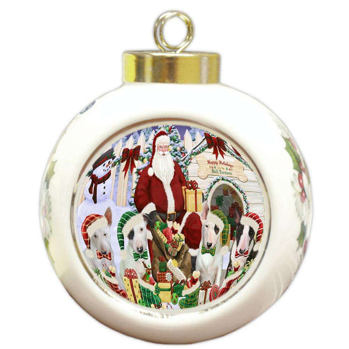 Happy Holidays Christmas Bull Terriers Dog House Gathering Round Ball Christmas Ornament RBPOR51287