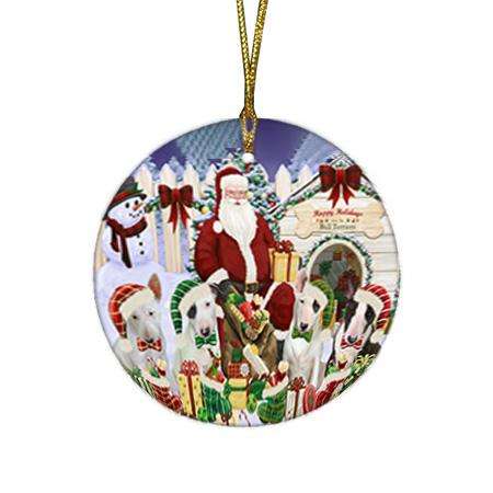 Happy Holidays Christmas Bull Terriers Dog House Gathering Round Flat Christmas Ornament RFPOR51278