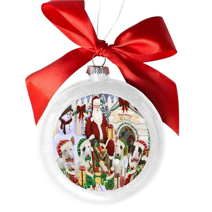 Happy Holidays Christmas Bull Terriers Dog House Gathering White Round Ball Christmas Ornament WBSOR49690