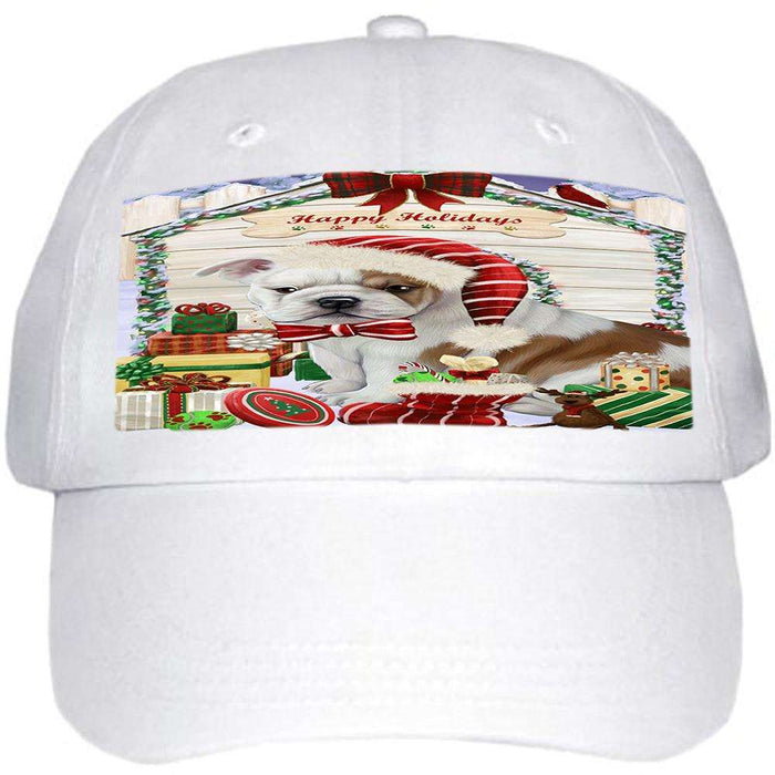 Happy Holidays Christmas Bulldog House with Presents Ball Hat Cap HAT57846