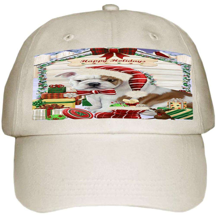 Happy Holidays Christmas Bulldog House with Presents Ball Hat Cap HAT57846