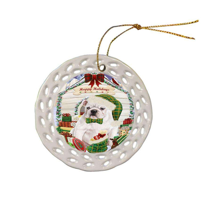 Happy Holidays Christmas Bulldog House with Presents Ceramic Doily Ornament DPOR51368