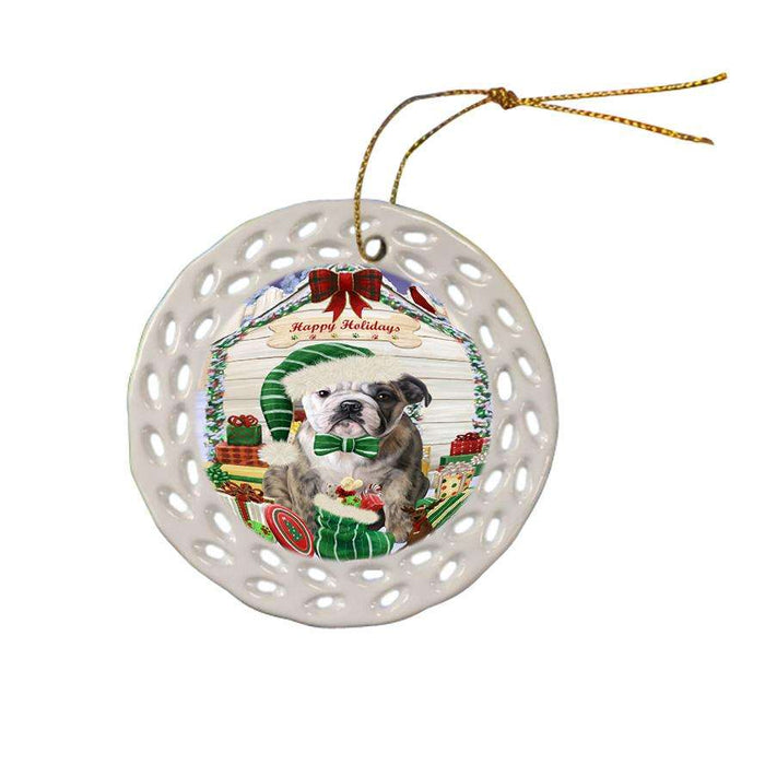 Happy Holidays Christmas Bulldog House with Presents Ceramic Doily Ornament DPOR51369