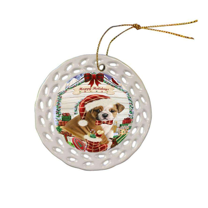 Happy Holidays Christmas Bulldog House with Presents Ceramic Doily Ornament DPOR51370