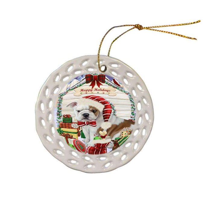 Happy Holidays Christmas Bulldog House with Presents Ceramic Doily Ornament DPOR51371