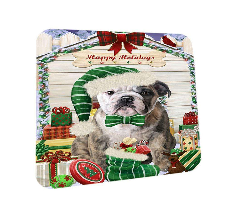 Happy Holidays Christmas Bulldog House with Presents Coasters Set of 4 CST51328