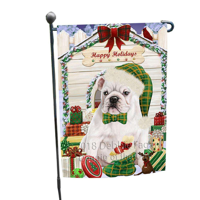 Happy Holidays Christmas Bulldog House with Presents Garden Flag GFLG51290