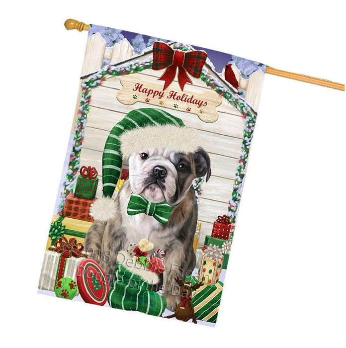 Happy Holidays Christmas Bulldog House with Presents House Flag FLG51427