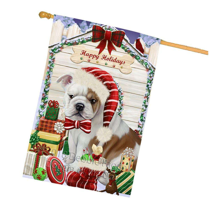 Happy Holidays Christmas Bulldog House with Presents House Flag FLG51429