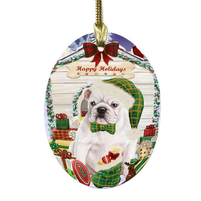 Happy Holidays Christmas Bulldog House With Presents Oval Glass Christmas Ornament OGOR49818