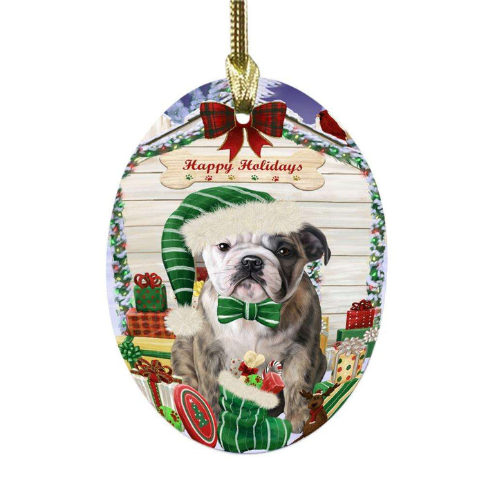 Happy Holidays Christmas Bulldog House With Presents Oval Glass Christmas Ornament OGOR49819