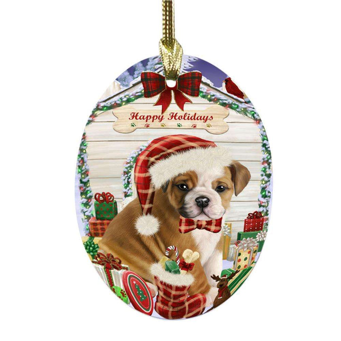 Happy Holidays Christmas Bulldog House With Presents Oval Glass Christmas Ornament OGOR49820
