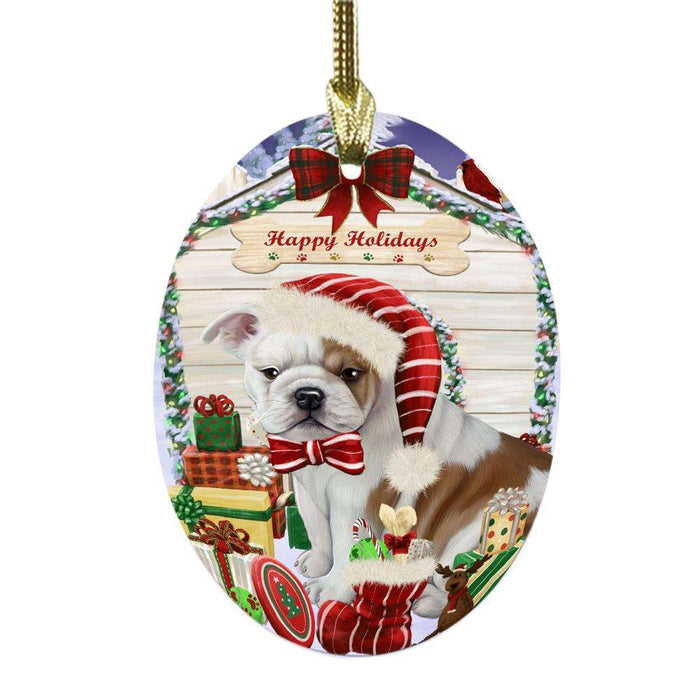 Happy Holidays Christmas Bulldog House With Presents Oval Glass Christmas Ornament OGOR49821