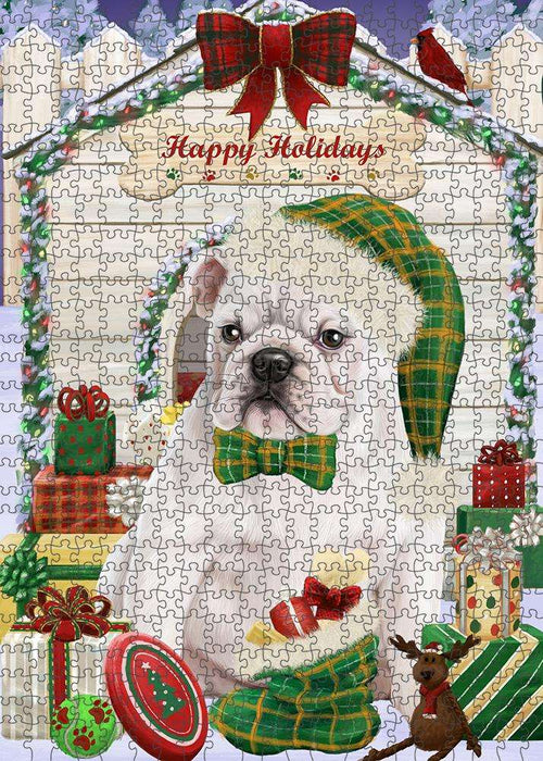 Happy Holidays Christmas Bulldog House with Presents Puzzle with Photo Tin PUZL57966