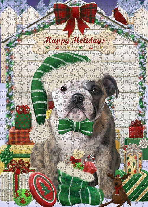 Happy Holidays Christmas Bulldog House with Presents Puzzle with Photo Tin PUZL57969