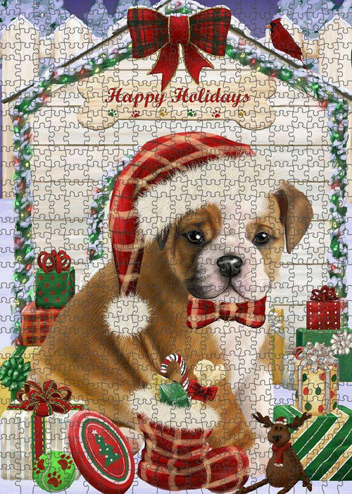 Happy Holidays Christmas Bulldog House with Presents Puzzle with Photo Tin PUZL57972