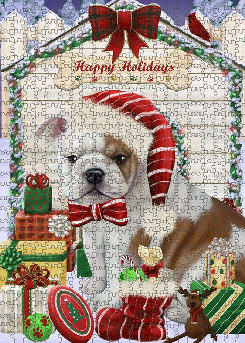Happy Holidays Christmas Bulldog House with Presents Puzzle with Photo Tin PUZL57975