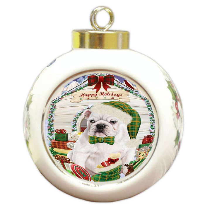 Happy Holidays Christmas Bulldog House with Presents Round Ball Christmas Ornament RBPOR51368