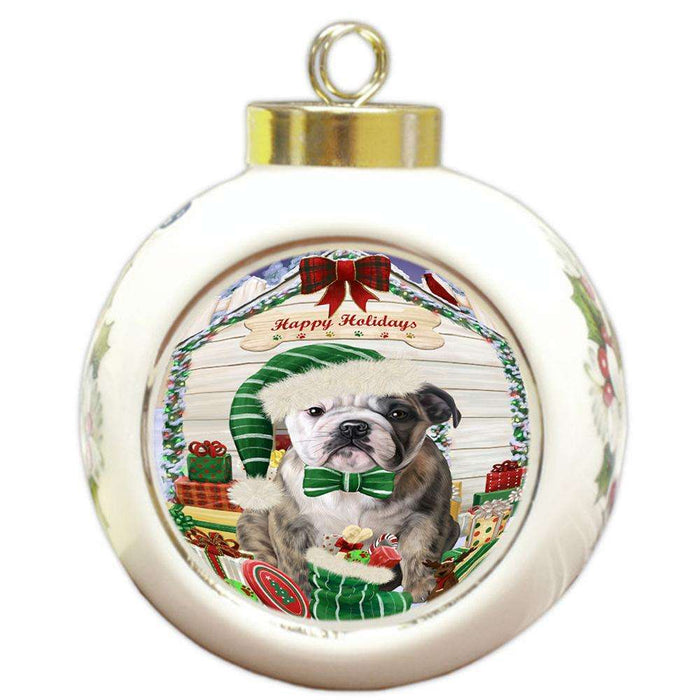 Happy Holidays Christmas Bulldog House with Presents Round Ball Christmas Ornament RBPOR51369