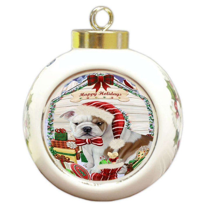 Happy Holidays Christmas Bulldog House with Presents Round Ball Christmas Ornament RBPOR51371