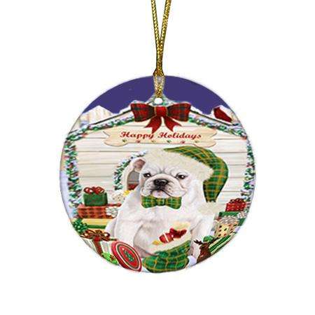 Happy Holidays Christmas Bulldog House with Presents Round Flat Christmas Ornament RFPOR51359