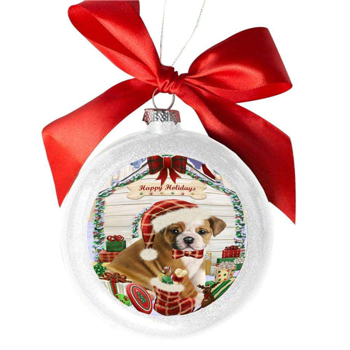 Happy Holidays Christmas Bulldog House With Presents White Round Ball Christmas Ornament WBSOR49820