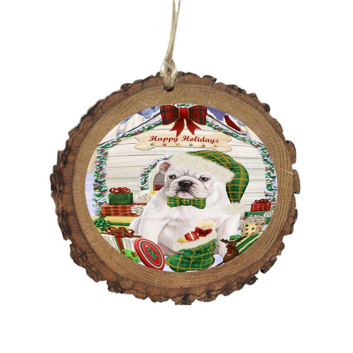 Happy Holidays Christmas Bulldog House With Presents Wooden Christmas Ornament WOR49818