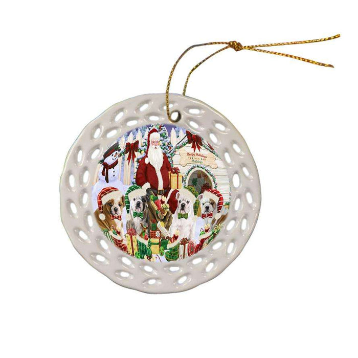 Happy Holidays Christmas Bulldogs House Gathering Ceramic Doily Ornament DPOR51288