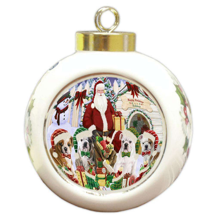 Happy Holidays Christmas Bulldogs House Gathering Round Ball Christmas Ornament RBPOR51288