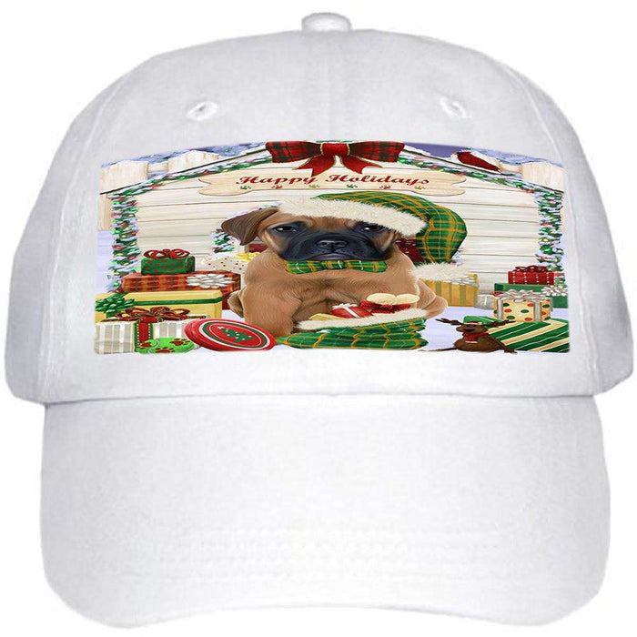 Happy Holidays Christmas Bullmastiff Dog House with Presents Ball Hat Cap HAT57849
