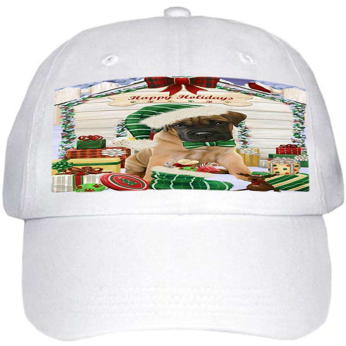 Happy Holidays Christmas Bullmastiff Dog House with Presents Ball Hat Cap HAT57852