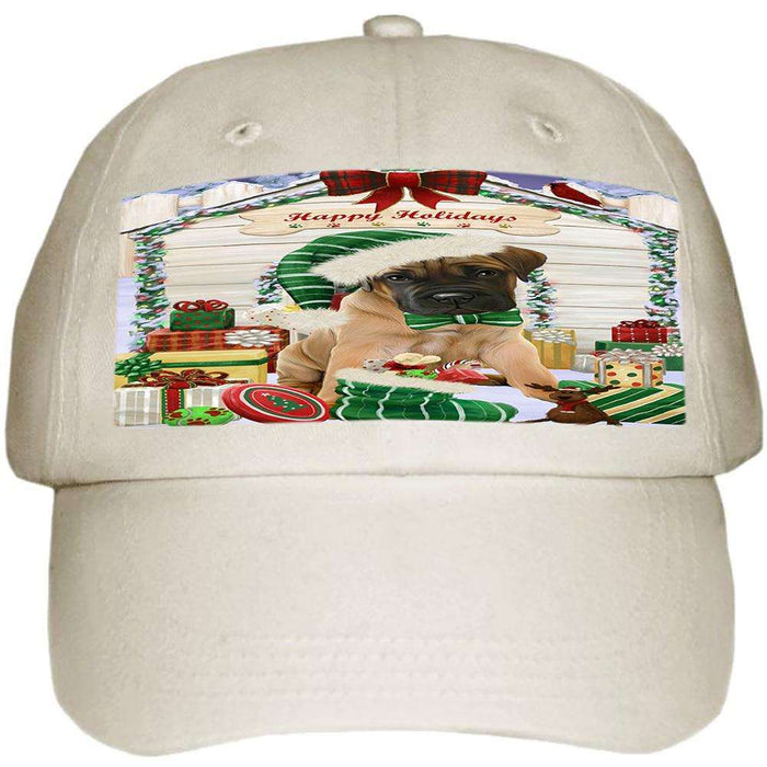 Happy Holidays Christmas Bullmastiff Dog House with Presents Ball Hat Cap HAT57852