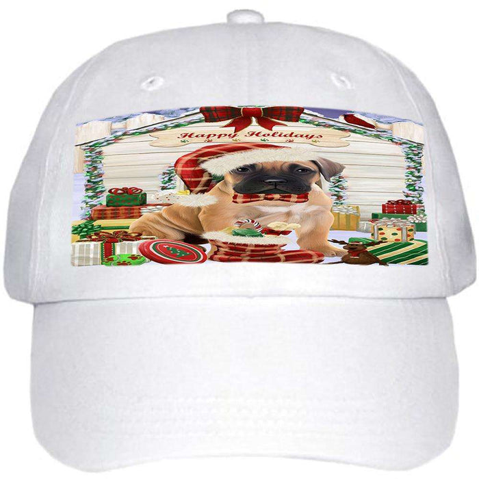 Happy Holidays Christmas Bullmastiff Dog House with Presents Ball Hat Cap HAT57855