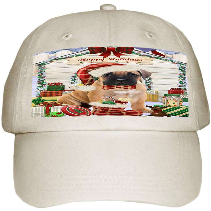 Happy Holidays Christmas Bullmastiff Dog House with Presents Ball Hat Cap HAT57855
