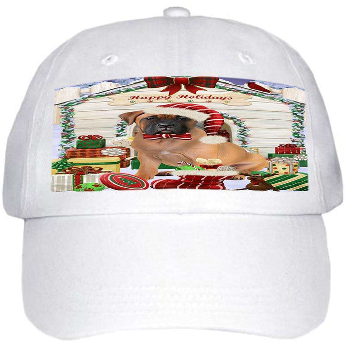 Happy Holidays Christmas Bullmastiff Dog House with Presents Ball Hat Cap HAT57858
