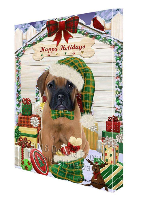 Happy Holidays Christmas Bullmastiff Dog House with Presents Canvas Print Wall Art Décor CVS78938