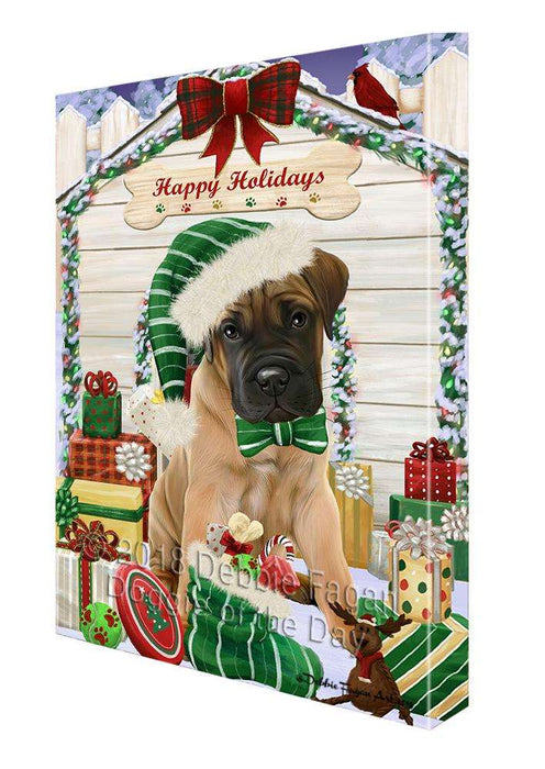 Happy Holidays Christmas Bullmastiff Dog House with Presents Canvas Print Wall Art Décor CVS78947