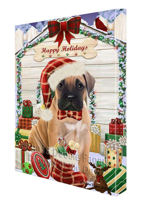 Happy Holidays Christmas Bullmastiff Dog House with Presents Canvas Print Wall Art Décor CVS78956
