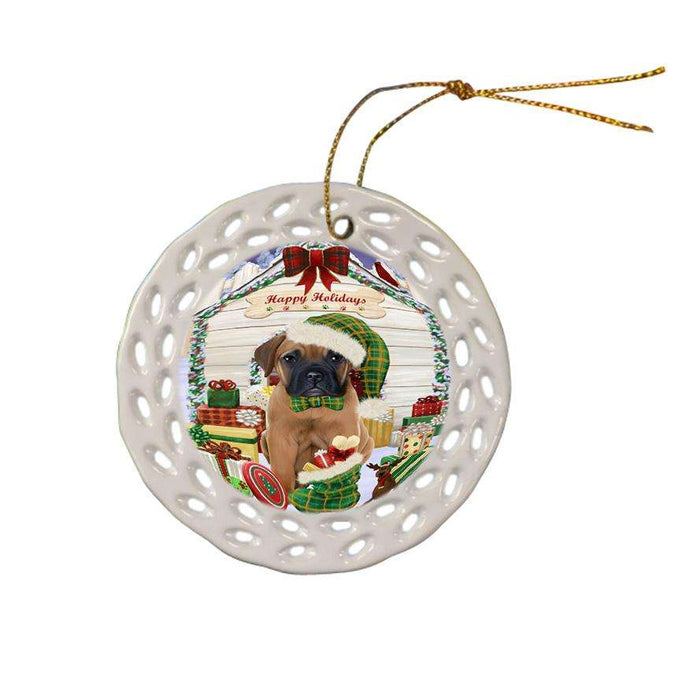 Happy Holidays Christmas Bullmastiff Dog House with Presents Ceramic Doily Ornament DPOR51372
