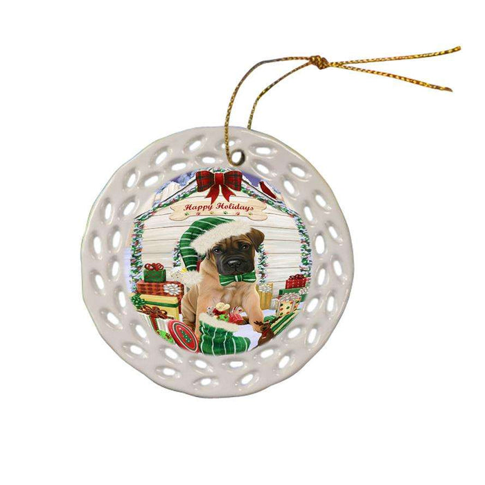 Happy Holidays Christmas Bullmastiff Dog House with Presents Ceramic Doily Ornament DPOR51373
