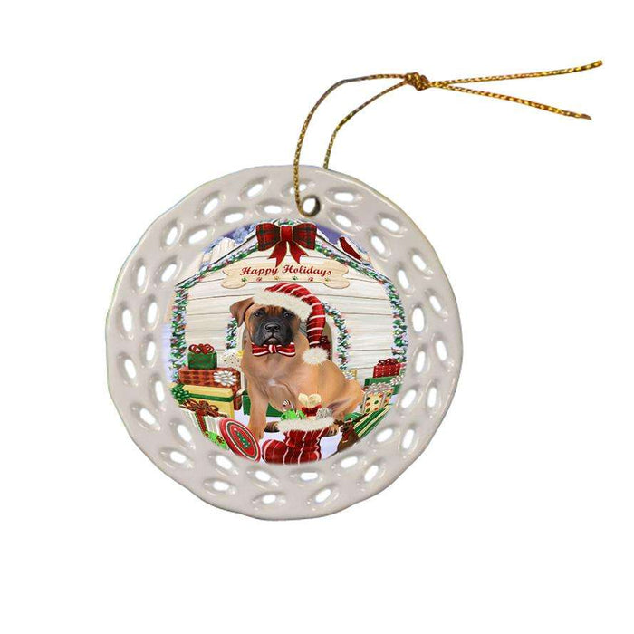 Happy Holidays Christmas Bullmastiff Dog House with Presents Ceramic Doily Ornament DPOR51375