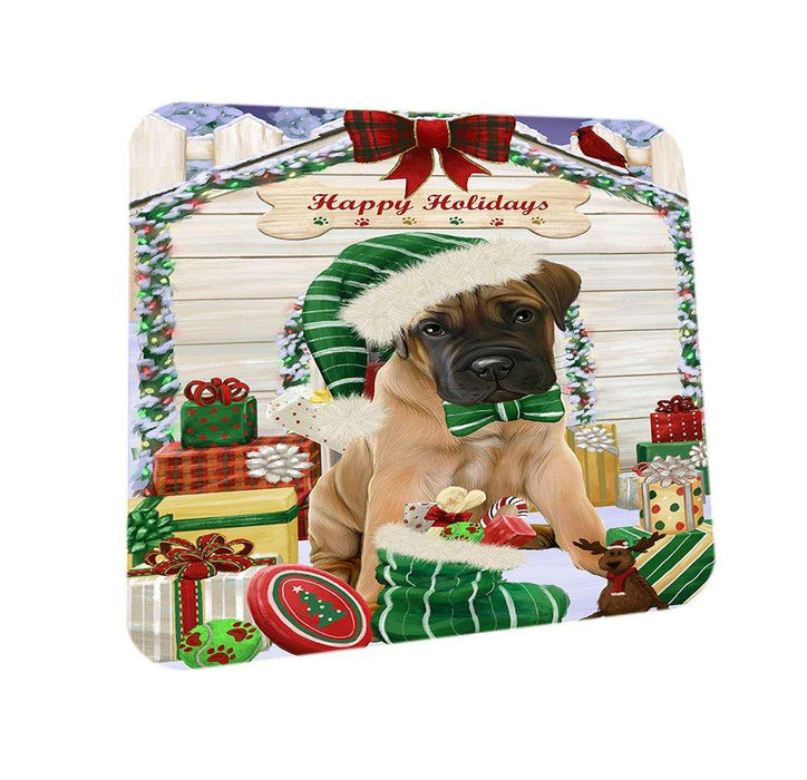 Happy Holidays Christmas Bullmastiff Dog House with Presents Coasters Set of 4 CST51332