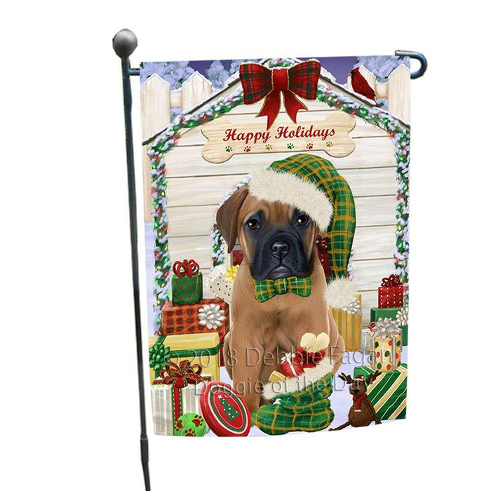Happy Holidays Christmas Bullmastiff Dog House with Presents Garden Flag GFLG51294