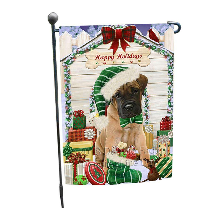 Happy Holidays Christmas Bullmastiff Dog House with Presents Garden Flag GFLG51295