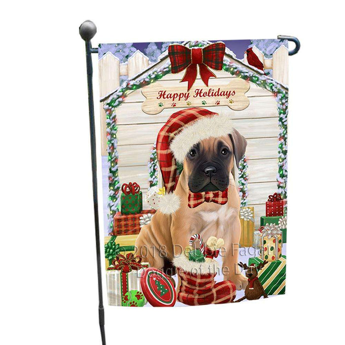 Happy Holidays Christmas Bullmastiff Dog House with Presents Garden Flag GFLG51296