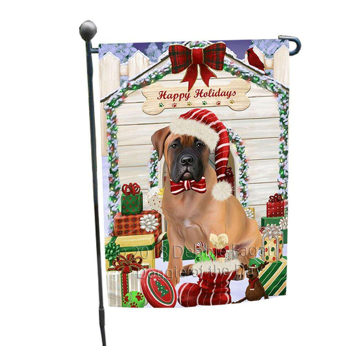 Happy Holidays Christmas Bullmastiff Dog House with Presents Garden Flag GFLG51297