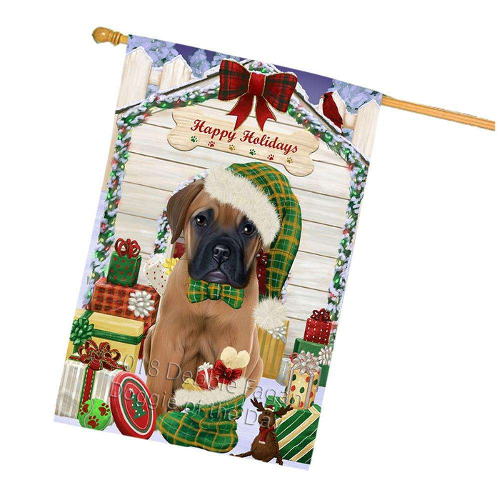Happy Holidays Christmas Bullmastiff Dog House with Presents House Flag FLG51430
