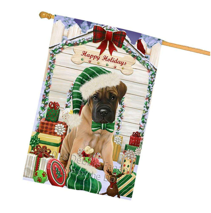 Happy Holidays Christmas Bullmastiff Dog House with Presents House Flag FLG51431
