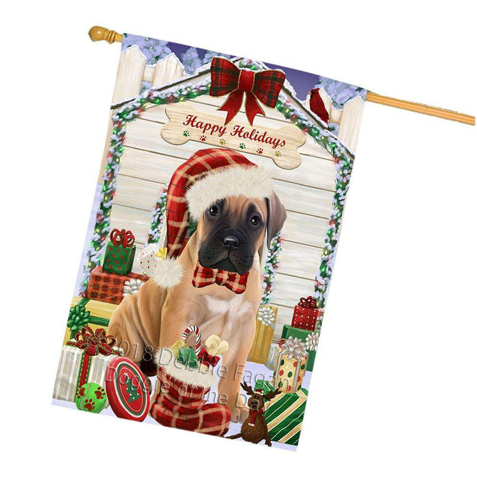 Happy Holidays Christmas Bullmastiff Dog House with Presents House Flag FLG51432